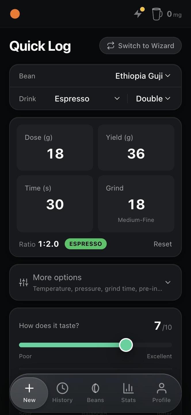 Quick Log do PUCK YEAH! com dose, rendimento, tempo e moagem em números grandes