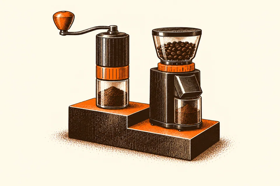 A hand grinder and compact electric coffee grinder share a stepped display.