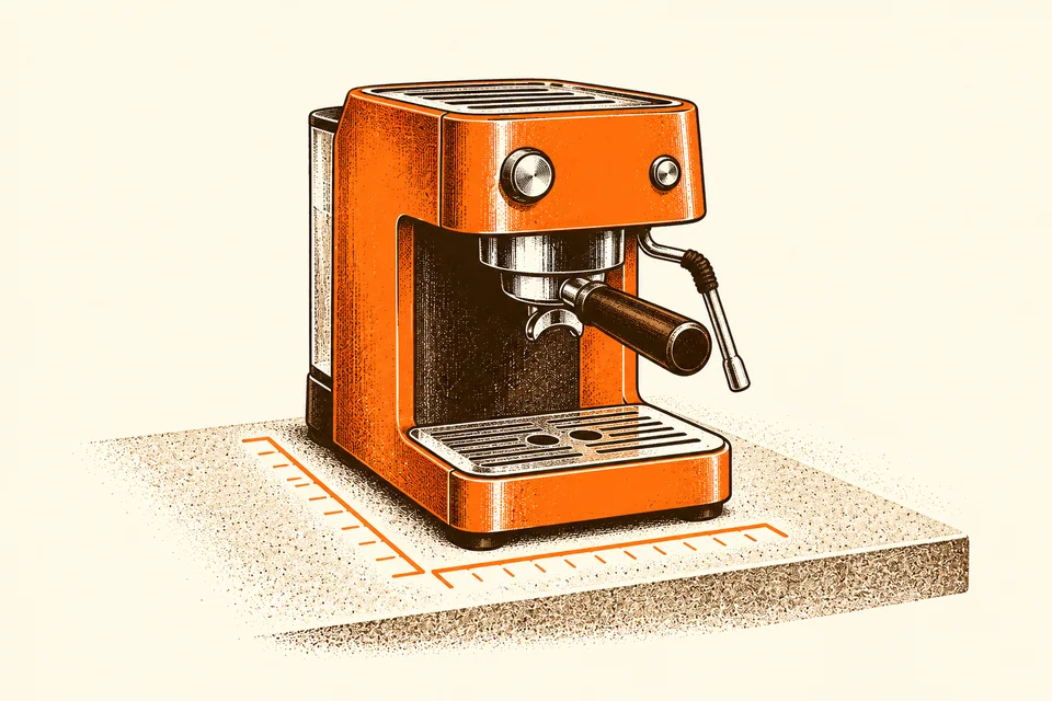 A home espresso machine stands on a countertop with a simple measuring guide.