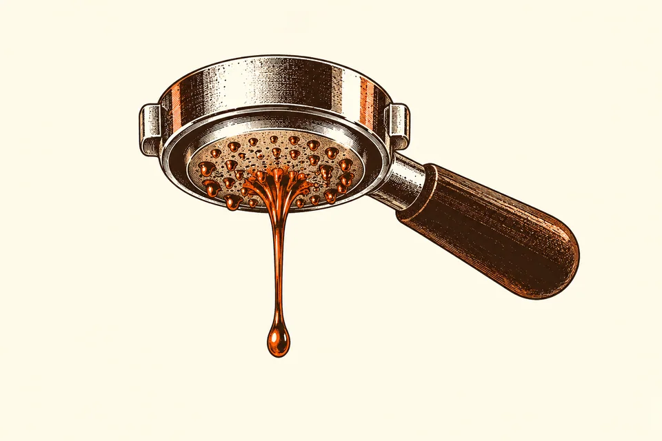Coffee beads merge into a centred stream beneath a bottomless portafilter basket.