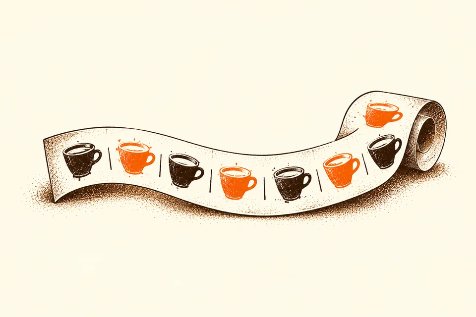 Espresso cup stamps accumulate along a curled daily tracking strip.