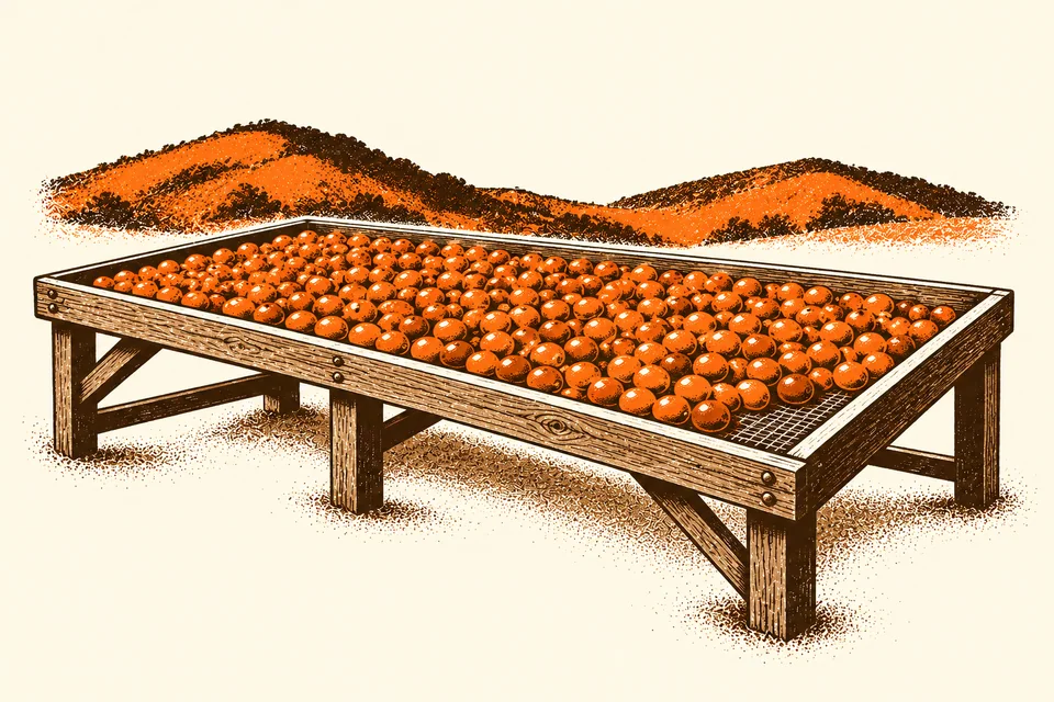 Coffee cherries dry on a raised mesh bed with hills in the background.
