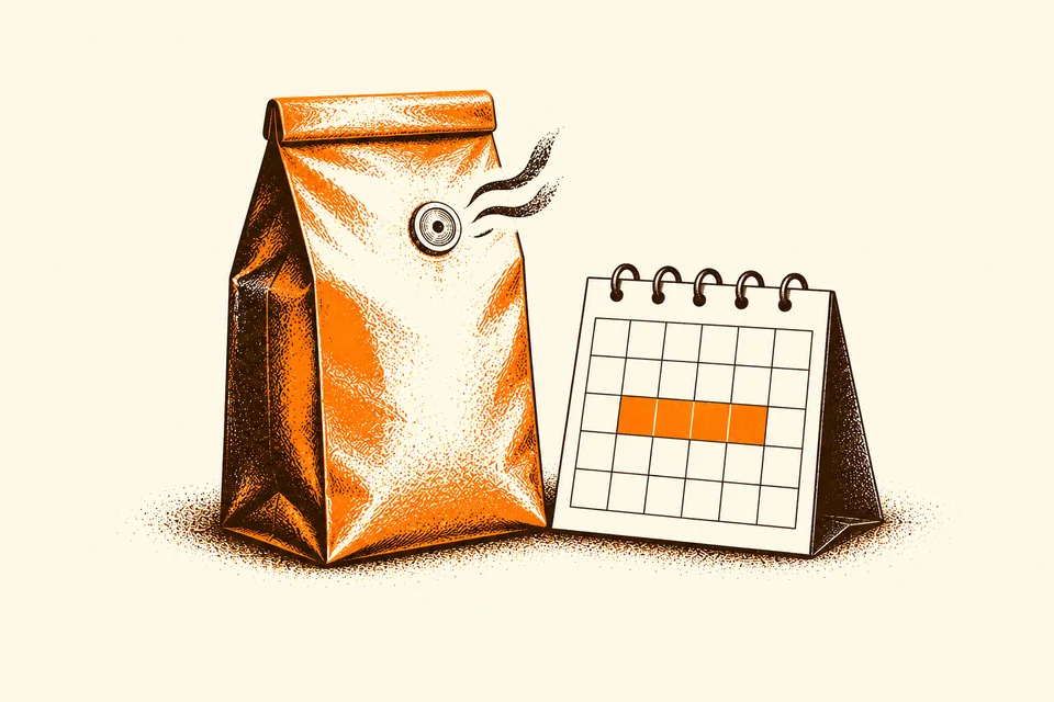 A valve coffee bag releases gas beside a calendar with a highlighted resting window.