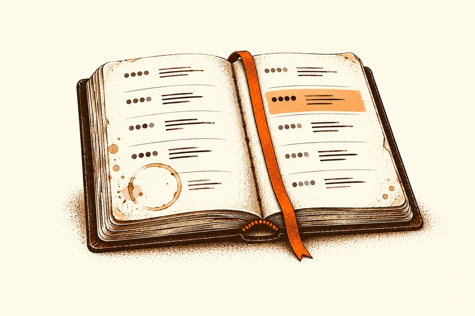 A ribbon marks a favourite espresso record in a thick coffee-stained notebook.