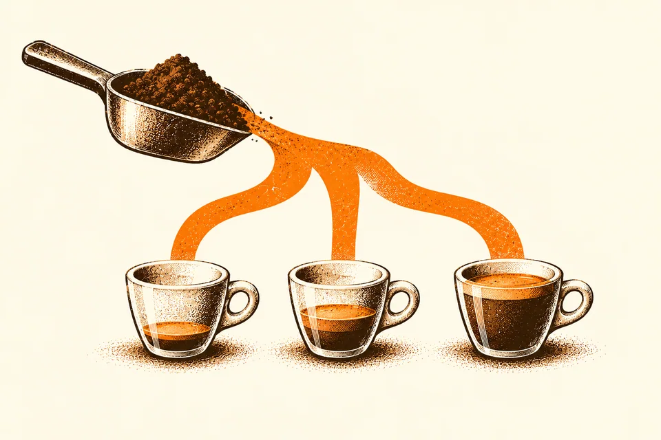 A scoop of coffee connects to three cups with different espresso volumes.