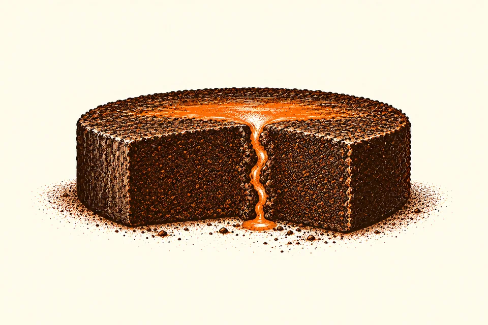 A cutaway coffee puck shows water taking a narrow crack through the grounds.