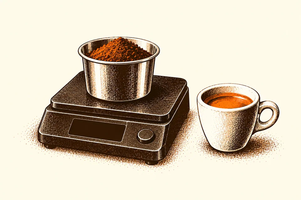 A dosing cup of coffee rests on a scale beside a filled espresso cup.