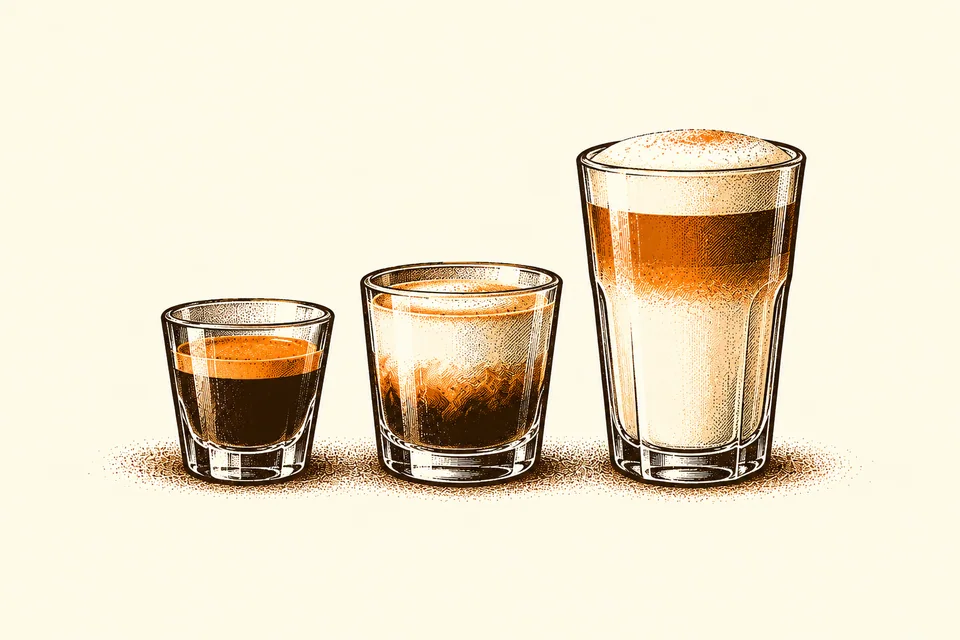 Three coffee glasses show espresso, a small milk drink and a taller layered latte.