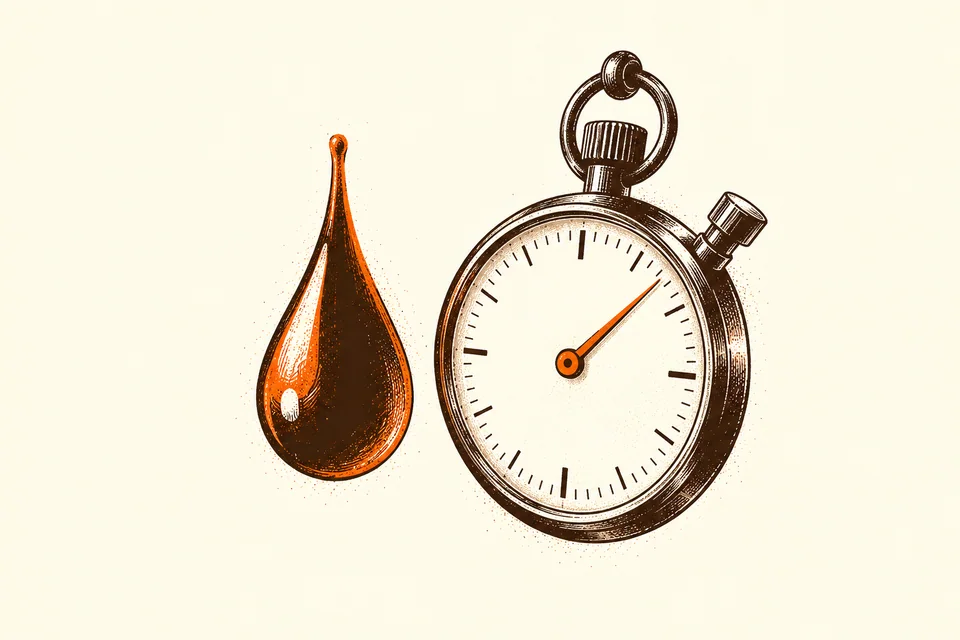 A stopwatch with an unnumbered face sits beside a large espresso droplet.