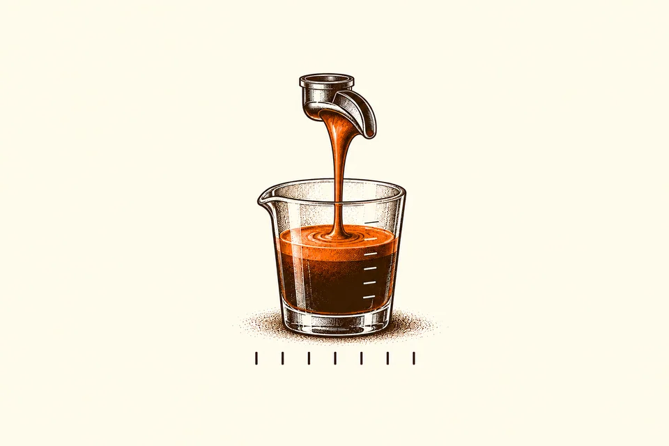 A coffee stream fills a measuring vessel above evenly spaced timing marks.