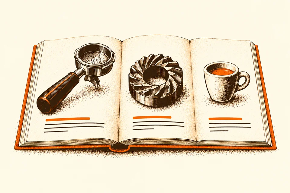 An open reference book shows a portafilter, burr and espresso cup as illustrated entries.