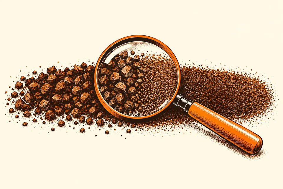 A magnifying glass enlarges the texture of fine and coarse coffee grounds.