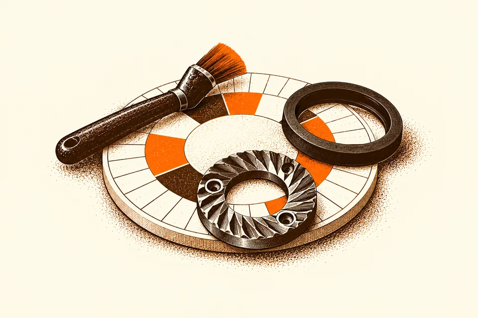 A circular maintenance calendar groups a cleaning brush, gasket and grinder burr.