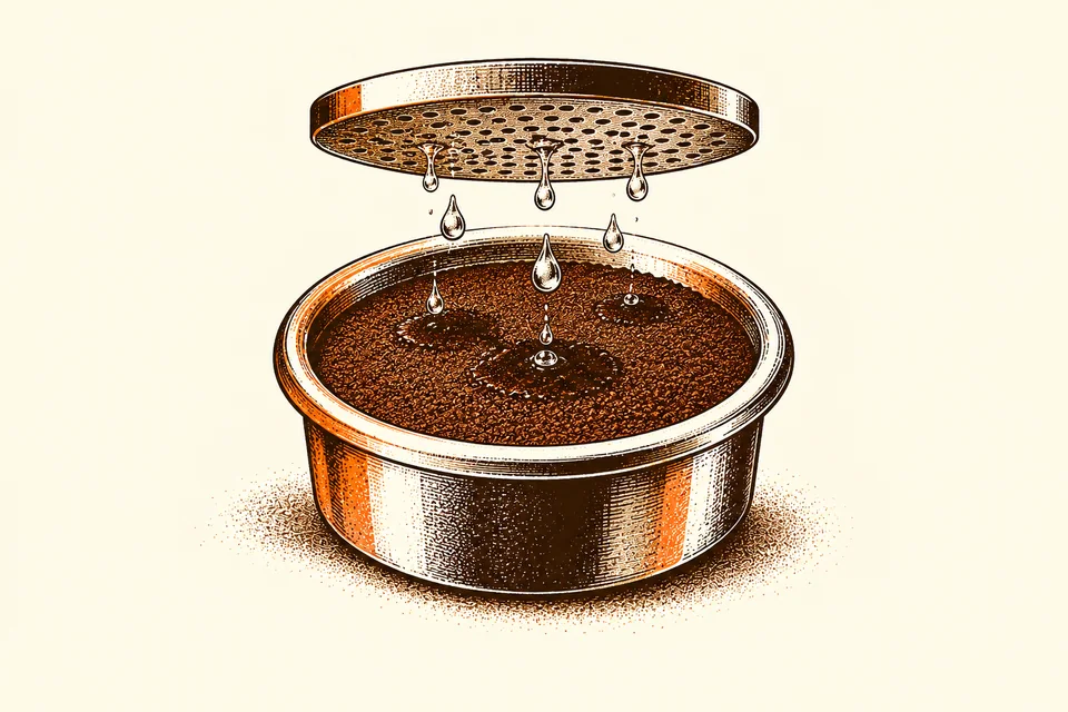 Gentle water droplets darken the top of a coffee puck before extraction begins.