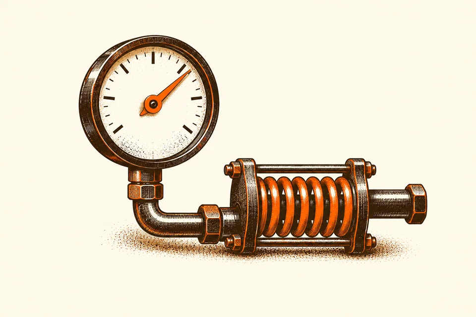 A pressure gauge with an orange needle connects to a spring and water pipe.