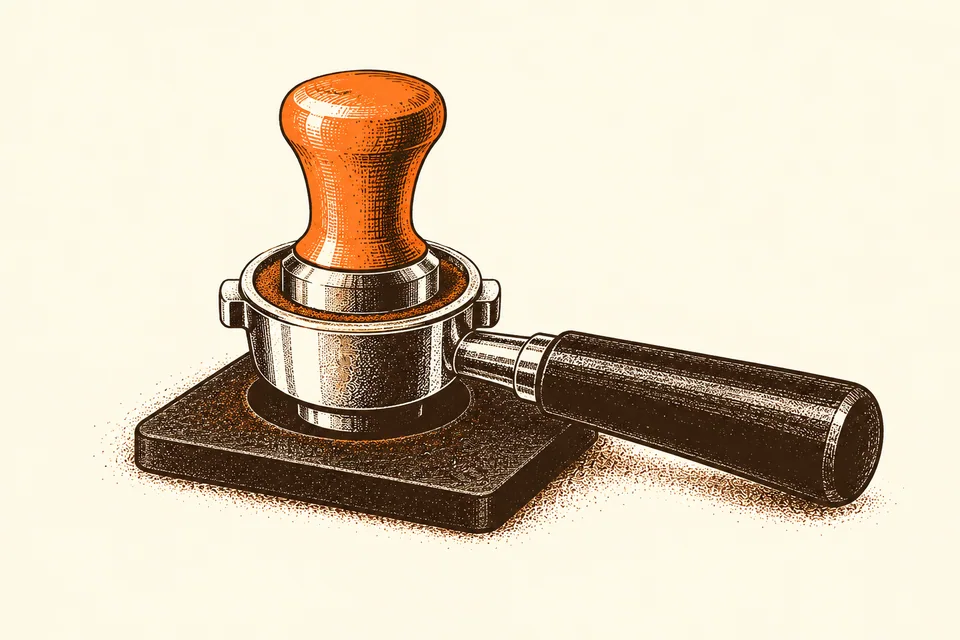 A level tamper presses the coffee bed in a portafilter resting on a tamping mat.