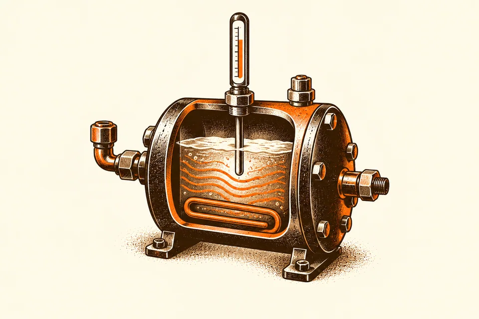 A thermometer and warm contour lines indicate water temperature inside a boiler cutaway.