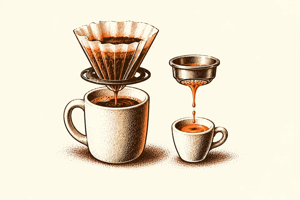 A paper-filter cone and espresso basket send coffee into a mug and a demitasse.