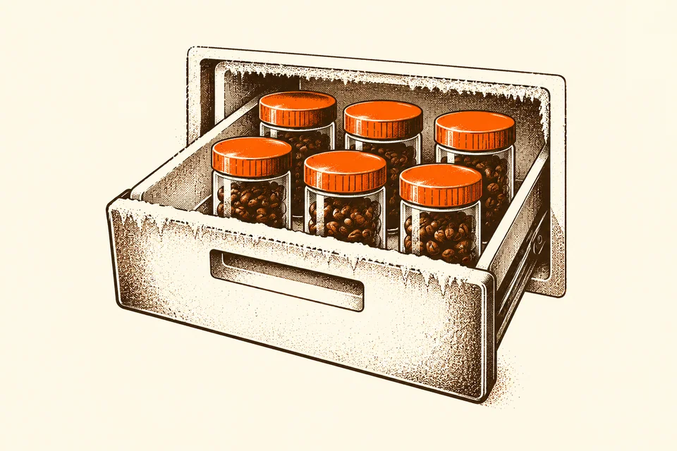 Sealed jars of coffee beans sit neatly in an open freezer drawer.