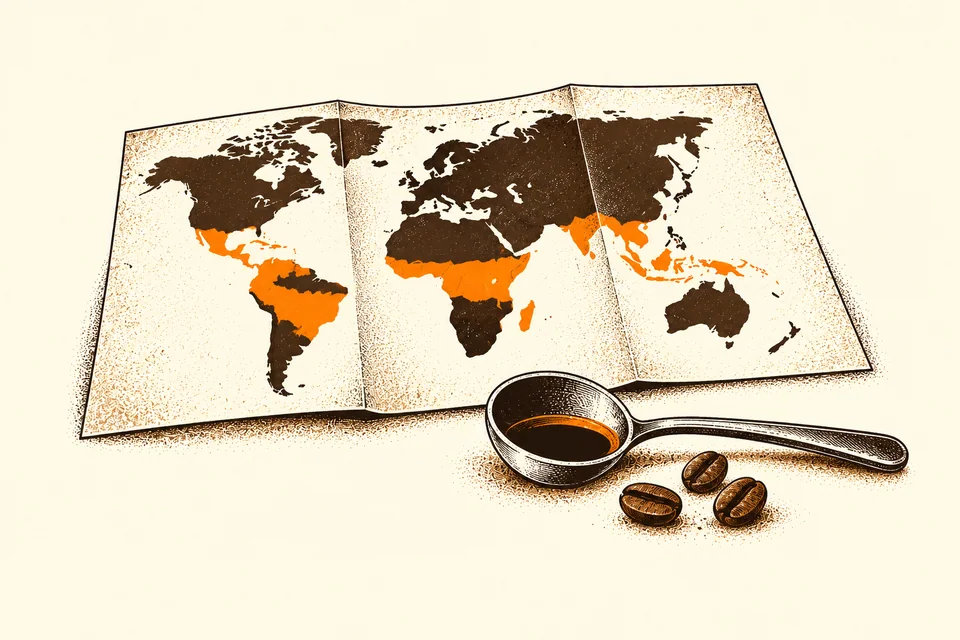 A folded map of coffee-growing regions sits beside a tasting spoon and selected beans.