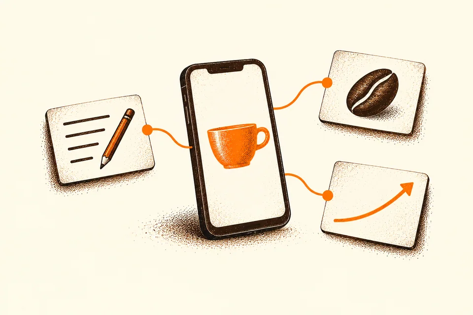 A phone with a cup symbol connects to simple log, bean and trend cards.