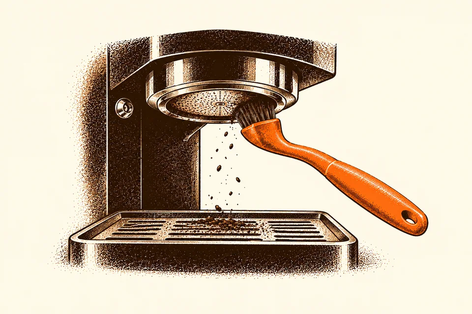 A cleaning brush reaches beneath an espresso machine group head above a drip tray.