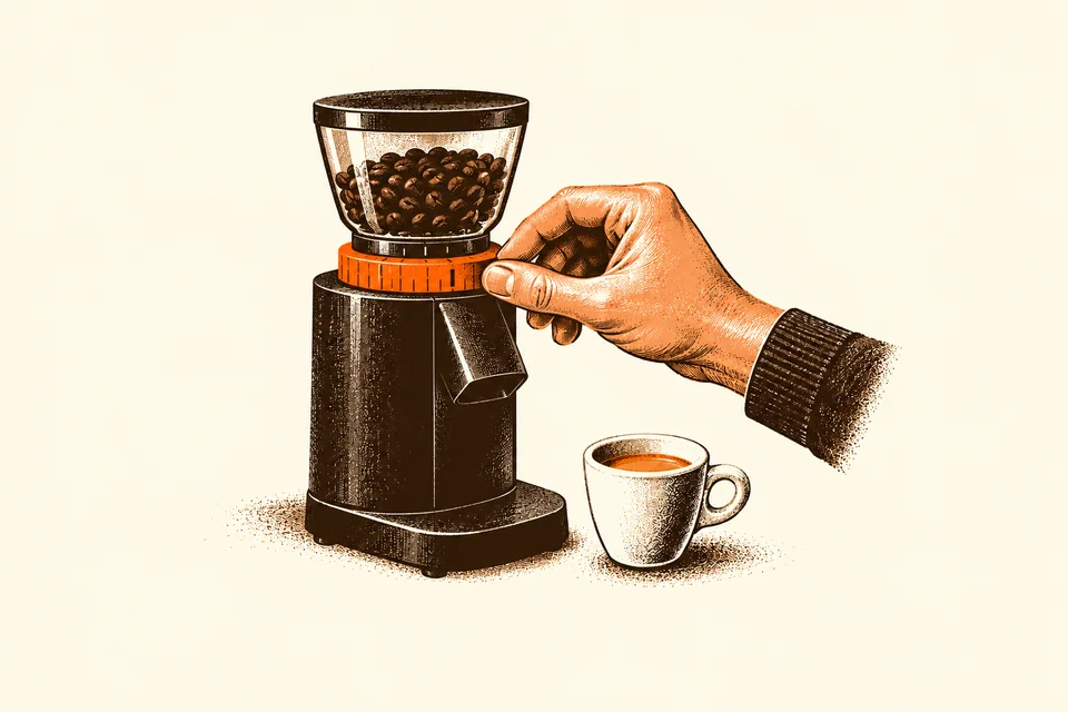 A hand turns an orange grinder adjustment collar beside a small espresso cup.