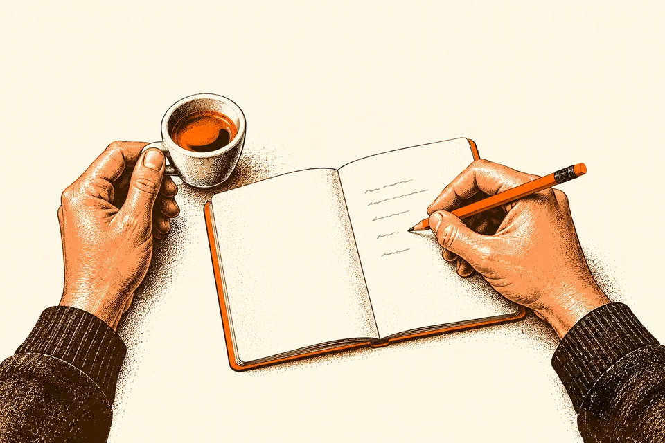 One hand writes a quick coffee note while the other holds an espresso cup.