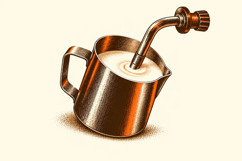 A steam wand makes a gentle swirl inside a tilted stainless-steel milk pitcher.