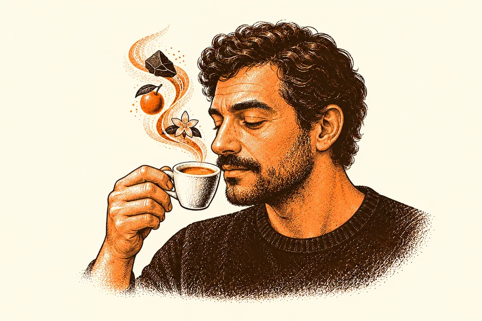A person smells an espresso, with cocoa, fruit and floral shapes in the aroma.