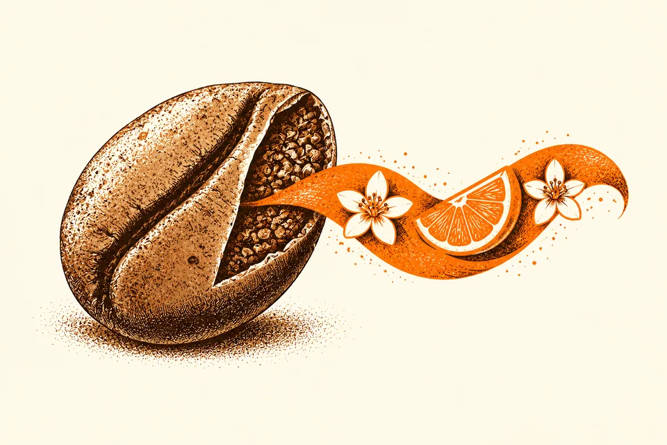 A light-brown coffee bean cutaway releases a ribbon with citrus and floral motifs.