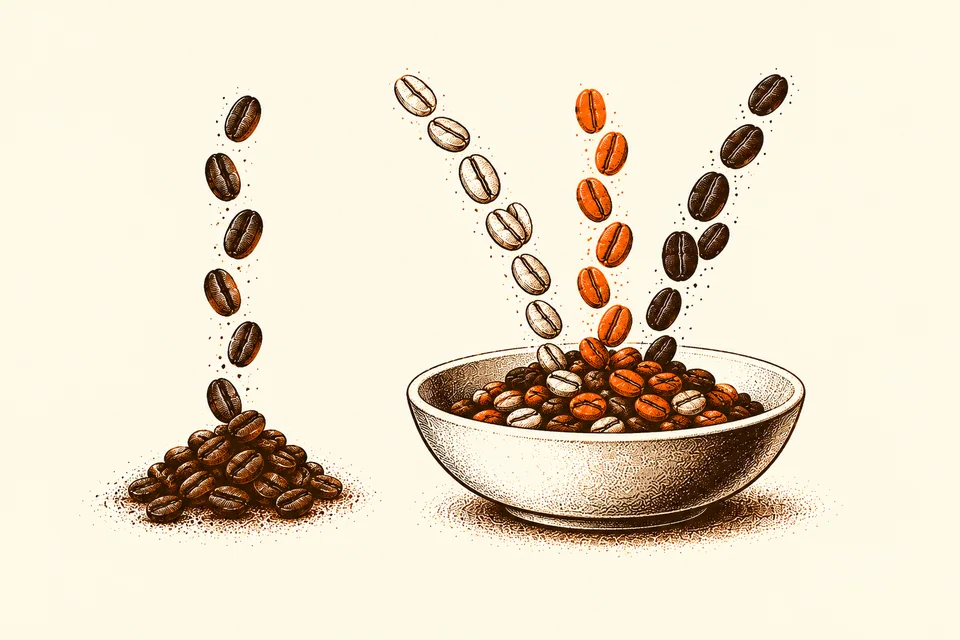 A single stream of beans stays separate from three streams meeting in a bowl.
