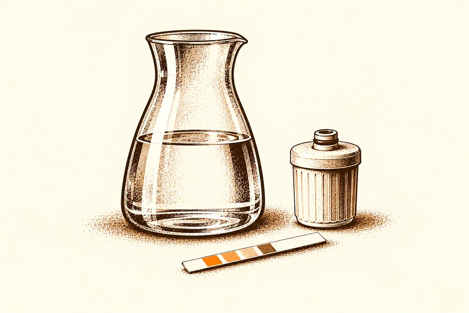 A water carafe stands beside a hardness test strip and a small filter cartridge.