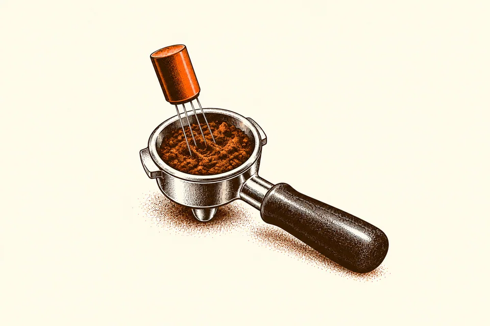 A fine-needle WDT tool loosens coffee clumps inside a portafilter basket.