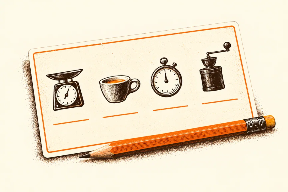 A pencil rests on a shot-record card with scale, cup, timer and grinder symbols.