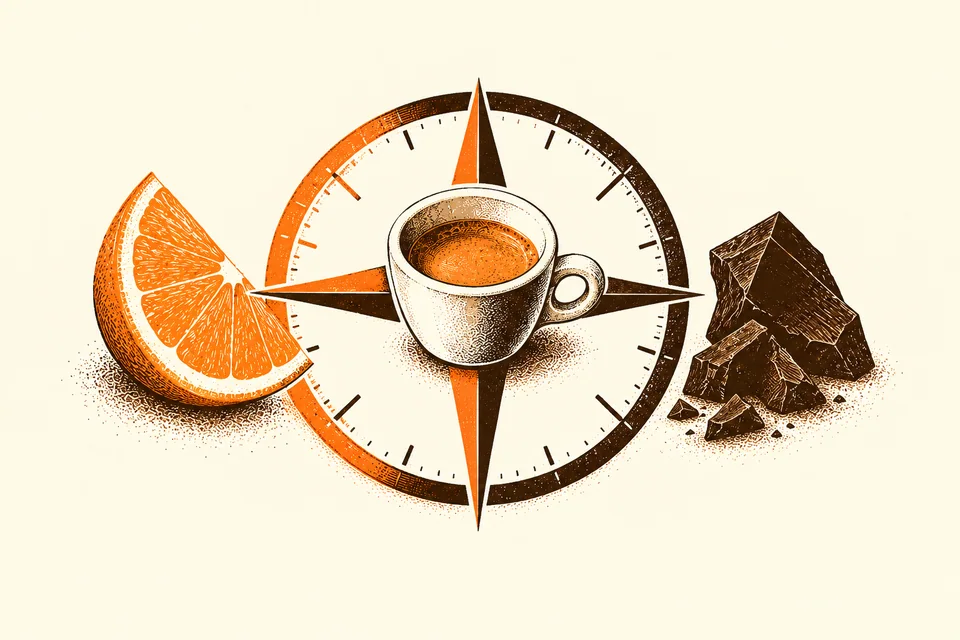 An espresso cup sits within a compass between citrus and cocoa flavour symbols.